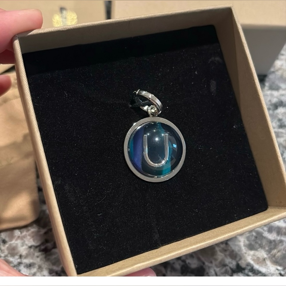 NWT Authentic Burberry U Letter Charm/Silver and Blue Pendant